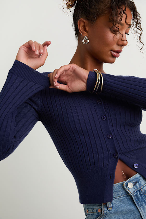 Perfect Classic Navy Ribbed Knit Cardigan Sweater