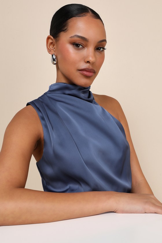 Distinctive Charm Slate Blue Satin Asymmetrical Maxi Dress