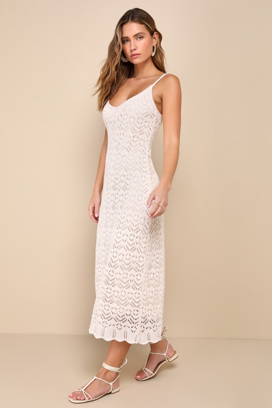 Sunset Vibes Light Beige Crochet Sleeveless Midi Dress