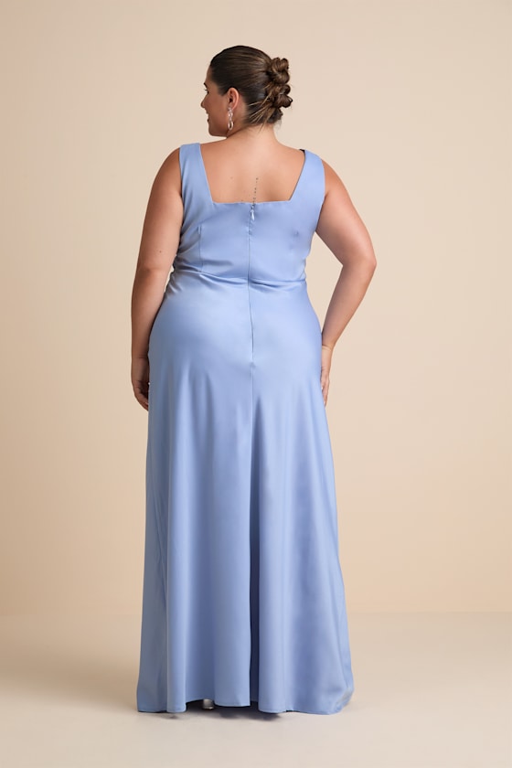 Red Carpet Romance Light Blue Satin Square Neck Maxi Dress