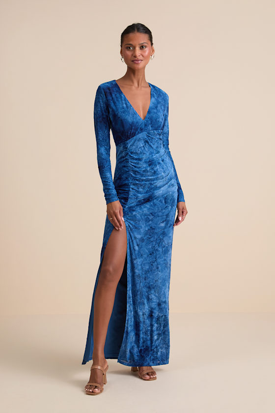 Dynamic Sensation Blue Floral Velvet Burnout Maxi Dress