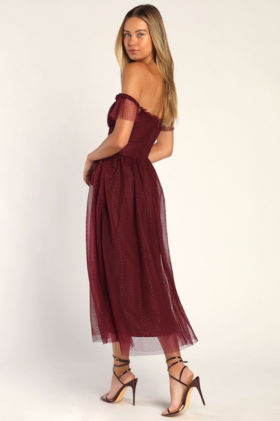 Regal Radiance Burgundy Tulle Bustier Midi Dress