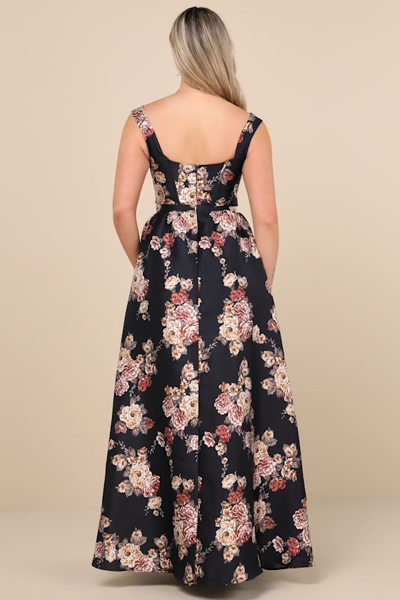 Elegant Pick Navy Blue Floral Sleeveless Bustier Maxi Dress