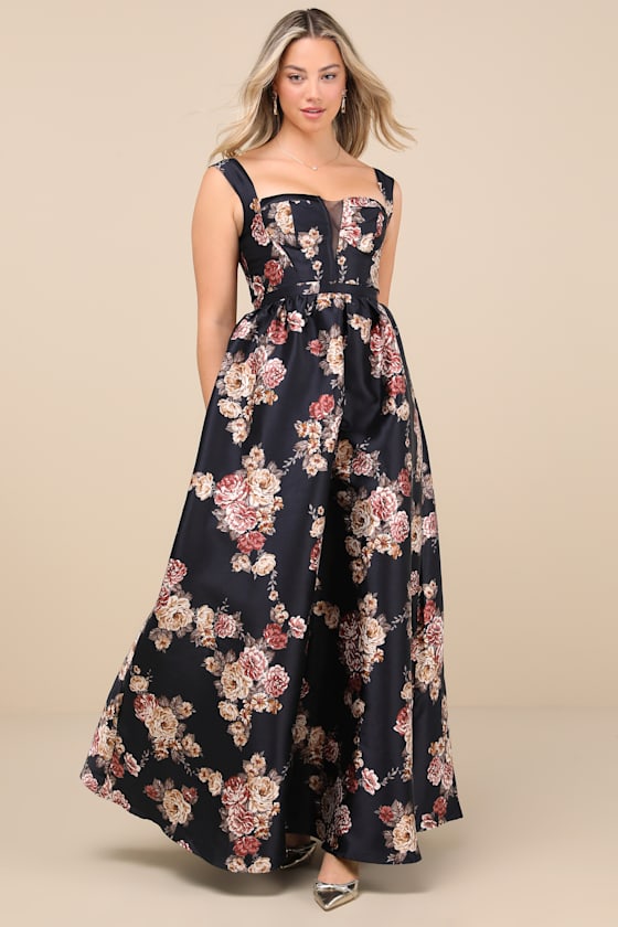 Elegant Pick Navy Blue Floral Sleeveless Bustier Maxi Dress