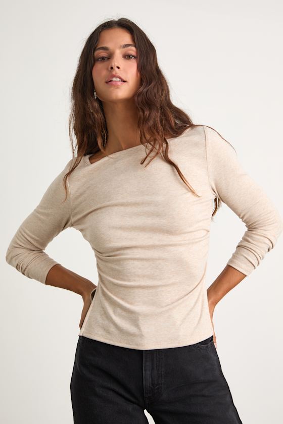 Mehra Heathered Beige Boat Neck Side Slit Long Sleeve Top