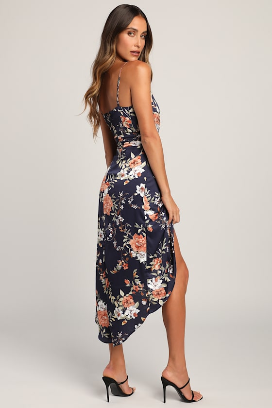 My Favorite Day Navy Blue Floral Print Tulip Skirt Midi Dress