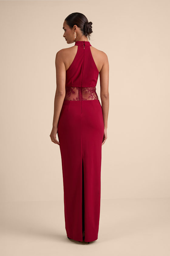 Vira Red Mock Neck Lace Cutout Maxi Dress