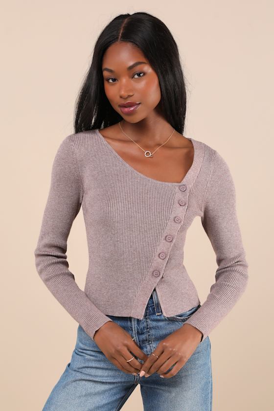 Modern Status Taupe Marled Asymmetrical Button-Front Sweater Top