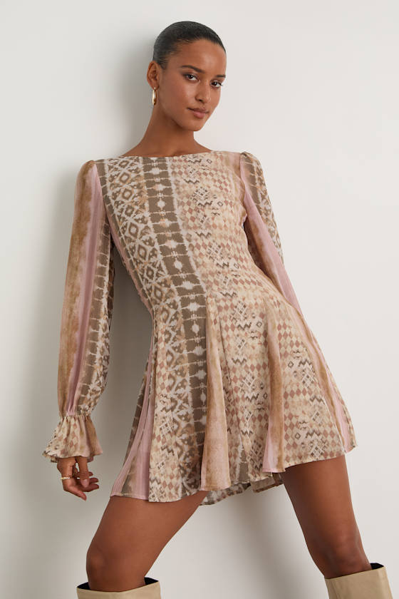 Kivah Pink and Taupe Boho Print Long Sleeve Mini Dress
