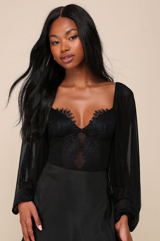 Instant Attraction Black Long Sleeve Lace Bustier Bodysuit