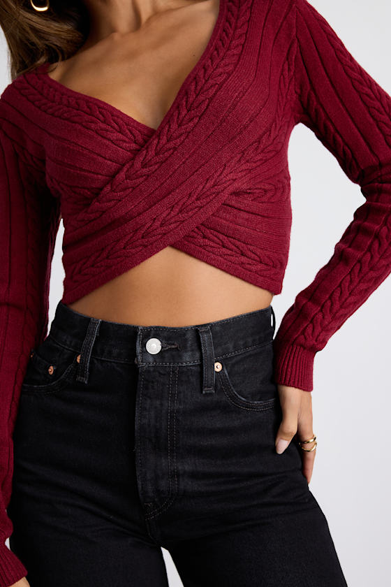 Feliya Dark Red Cable Knit Cross-Front Sweater Crop Top