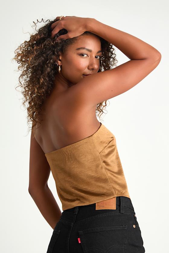 Devine Bronze Satin Strapless Crop Top
