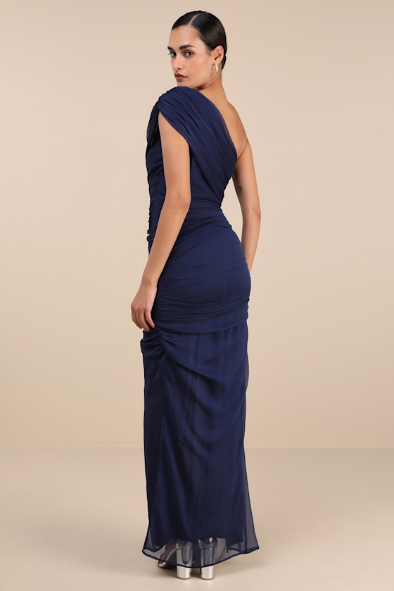 Kyleah Navy Ruched One-Shoulder Maxi Dress