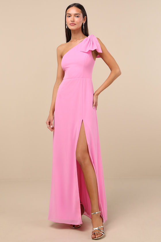 Simply Brilliant Pink One-Shoulder Bow Maxi Dress