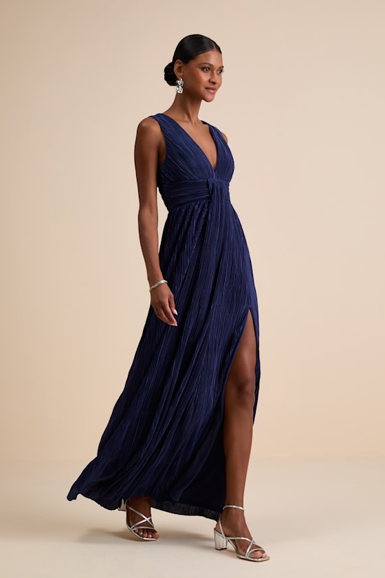 Melitta Navy Blue Plisse Sash Maxi Dress