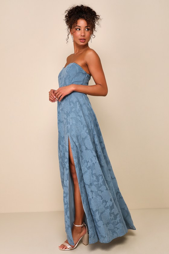 Garden of Romance Dusty Blue Floral Burnout Strapless Maxi Dress