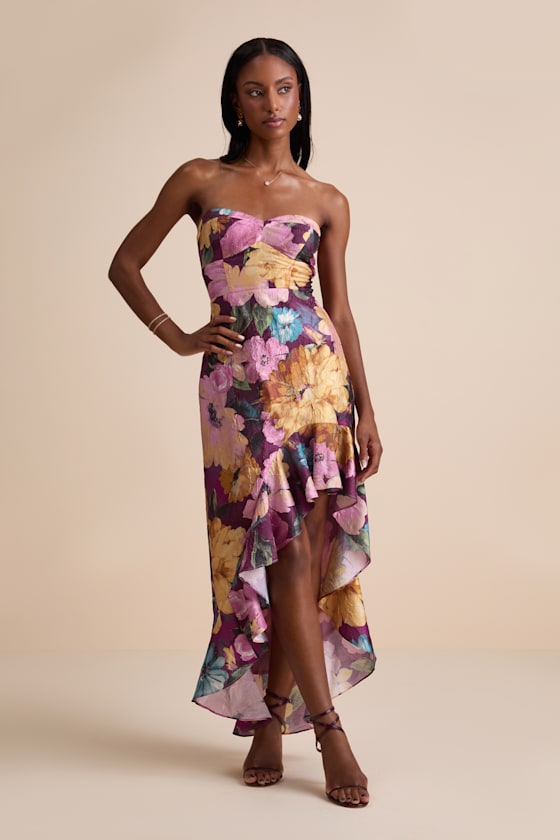 Blushing Darling Plum Multi Floral Strapless High-Low Maxi Dress