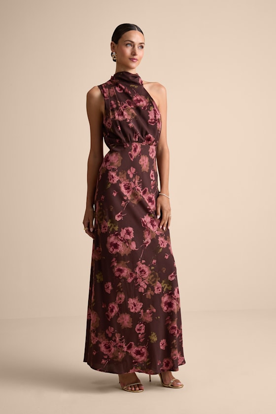 Distinctive Charm Brown Floral Satin Asymmetrical Maxi Dress