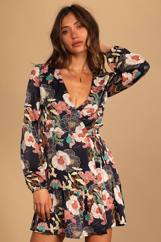 So Splendid Navy Blue Floral Satin Long Sleeve Wrap Dress