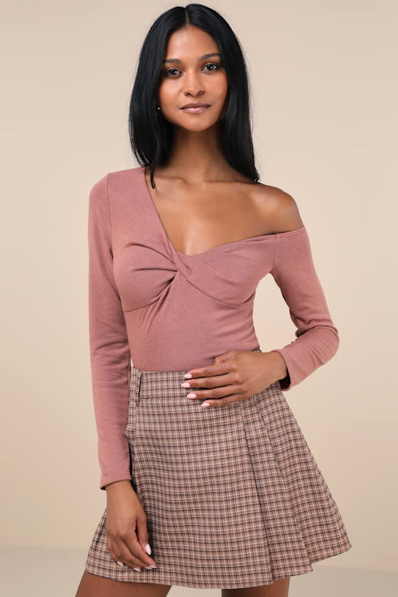 Adorable Simplicity Rusty Rose One-Shoulder Sweater Top