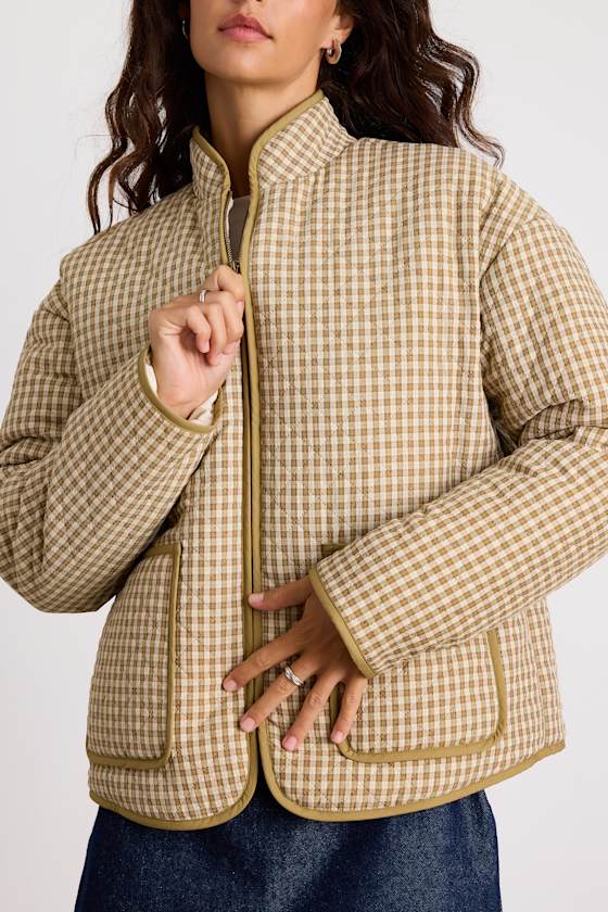 Bundled Perfection Olive Plaid Quilted Puffer Jacket