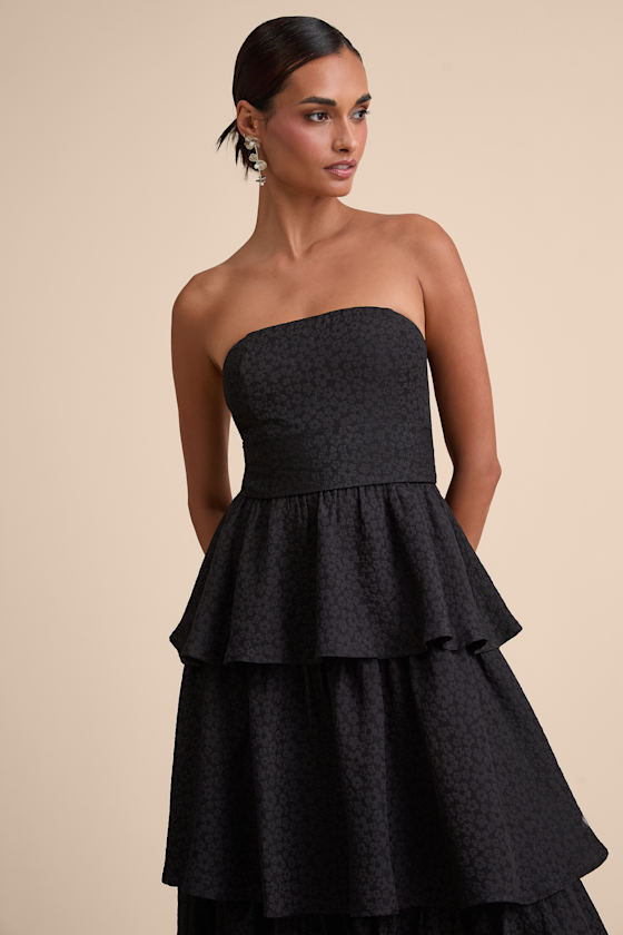 Truly Marvelous Black Jacquard Strapless Tiered Midi Dress