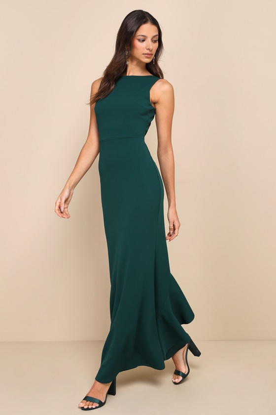 Exquisite Refinement Emerald Backless Bow Ruffled Maxi Dress