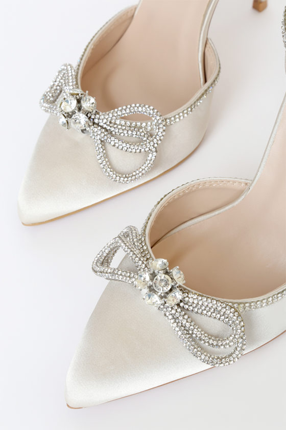 Lullie White Satin Rhinestone Ankle Strap Pointed-Toe Pumps