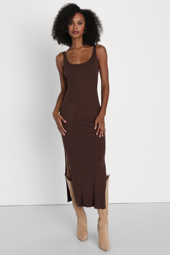 Layer Lover Brown Ribbed Knit Two-Piece Dress & Cardigan Set