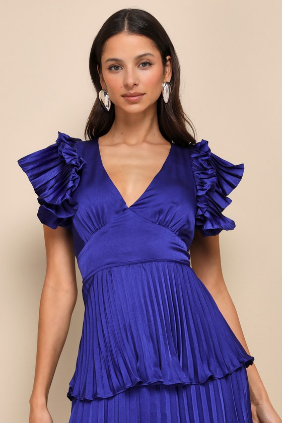 Stunning Desire Cobalt Blue Satin Pleated Tiered Midi Dress