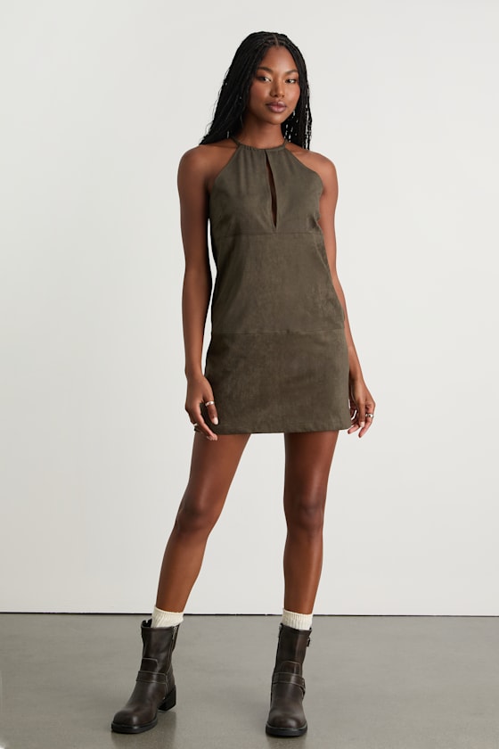 Westlynn Olive Suede Cutout Shift Mini Dress