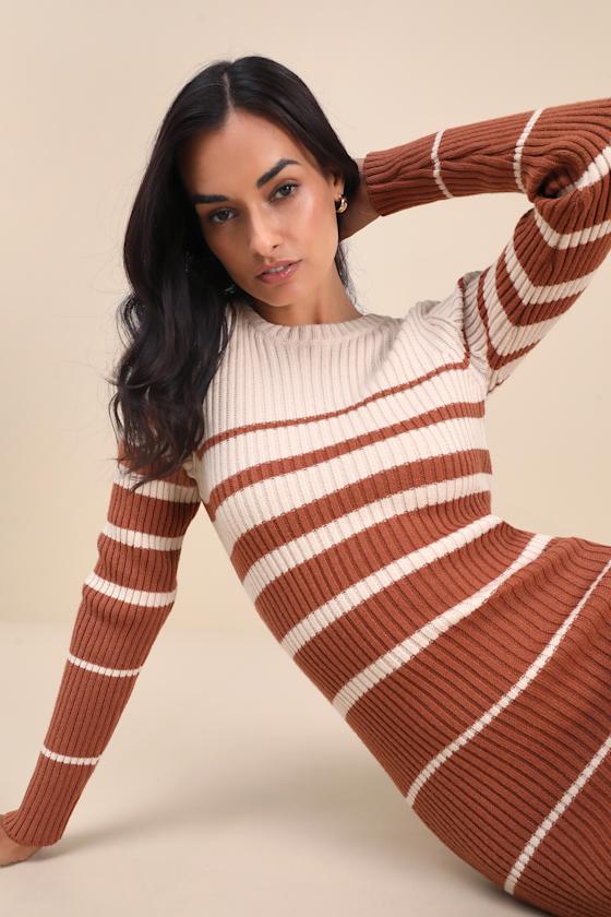 Seasonal Status Ivory and Brown Striped Midi Sweater Dress