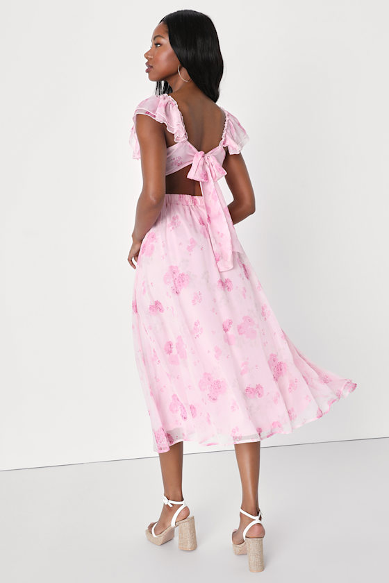 Loveliest Darling Light Pink Floral Ruffled Tie-Back Midi Dress