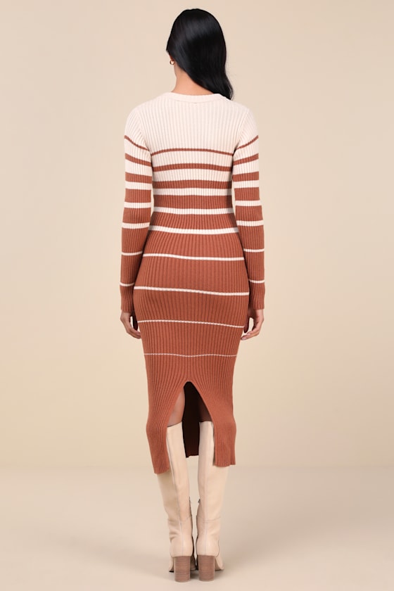 Seasonal Status Ivory and Brown Striped Midi Sweater Dress
