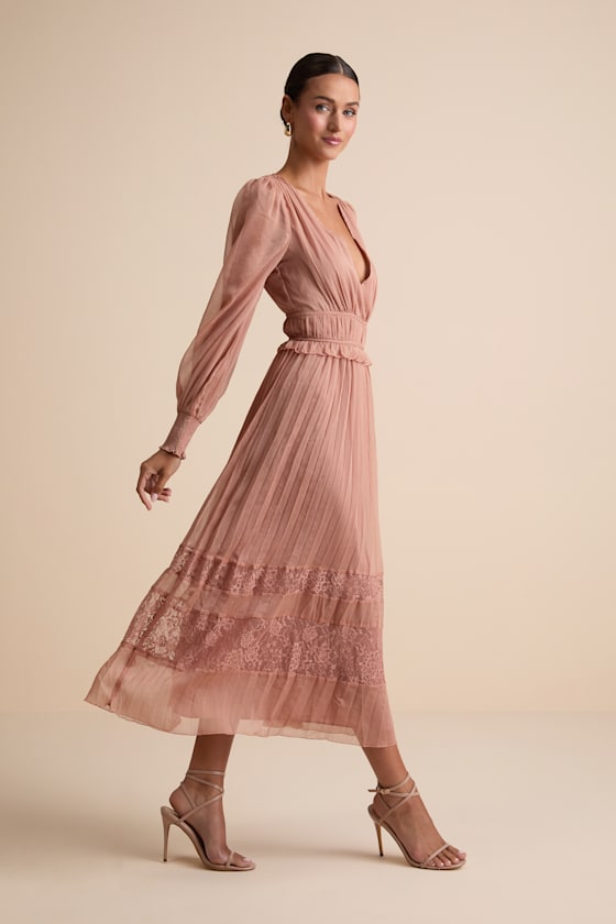 Cambree Mauve Pink Pleated Blouson Sleeve Lace Midi Dress