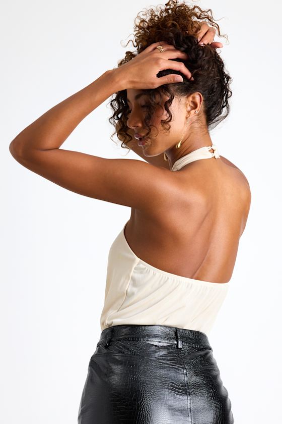 Jamison Cream Jersey Knit Cross-Front Halter Bodysuit