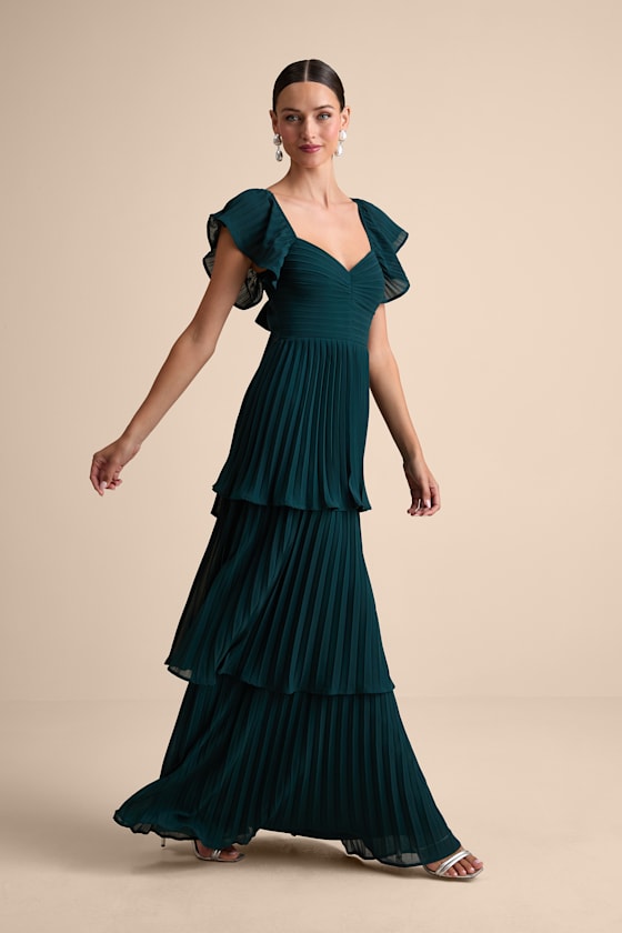 Notorious Charm Emerald Pleated Flutter Sleeve Maxi Dress