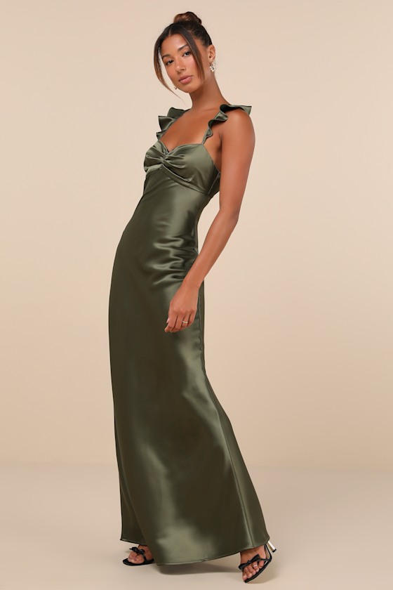 Exuberant Luxury Olive Green Satin Ruffled Lace-Up Maxi Dress