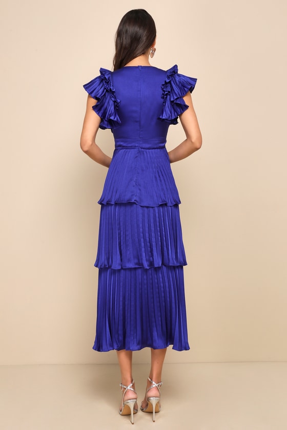 Stunning Desire Cobalt Blue Satin Pleated Tiered Midi Dress