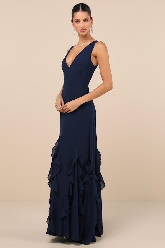 Alorna Dark Navy Sleeveless Ruffled Maxi Dress