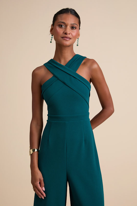 Criss-Cross Your Mind Emerald Cross-Front Wide-Leg Jumpsuit