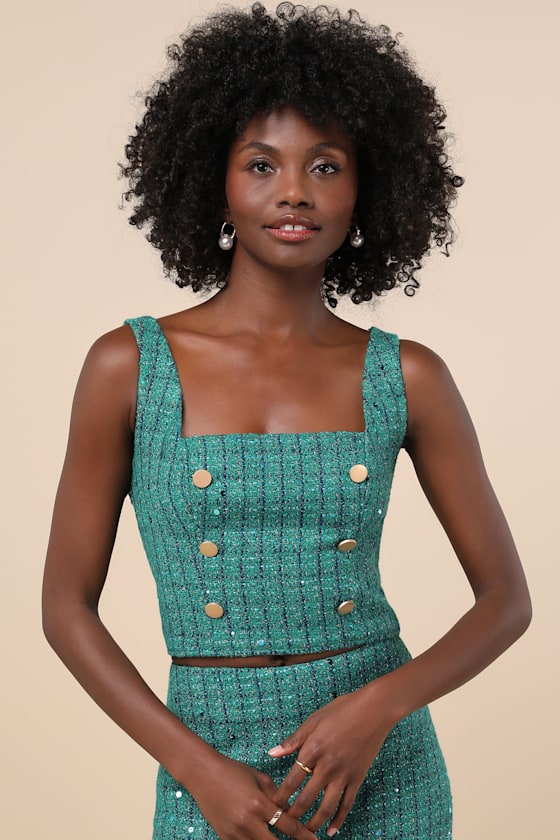 Exceptional Season Green Tweed Lurex Sequin Sleeveless Top