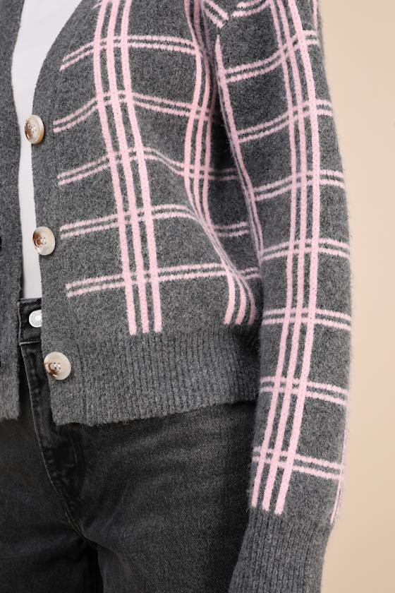 Ideal Crush Charcoal Grey and Pink Plaid Cardigan