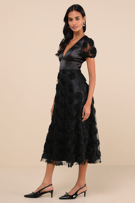 Gorgeous Elevation Black Lace Rosette Puff Sleeve Midi Dress