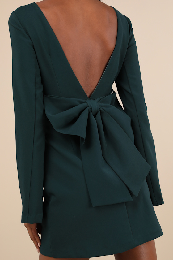 Elegant Cutie Emerald Bow Long Sleeve Backless Mini Dress