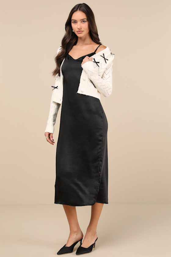 Coquette Coziness Black and Ivory Two-Piece Dress & Cardigan Set