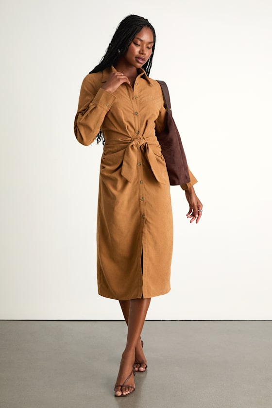 Autumnal Views Tan Suede Button-Up Tie-Front Midi Dress