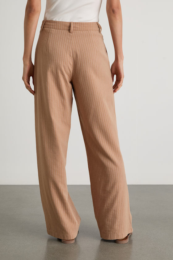 Siyana Tan Pinstriped Linen Straight Leg Trouser Pants