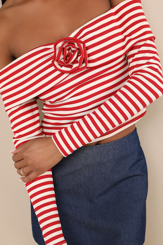 Danon Red and Cream Striped Rosette Off-the-Shoulder Top