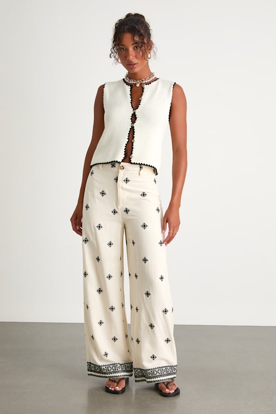 Elwen Cream and Black Linen Embroidered High-Rise Pants